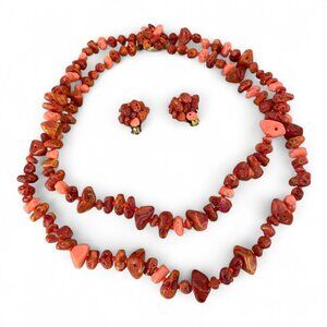 Vintage Hong Kong Red Faux Coral Beaded 2 Piece Jewelry Set Necklace Clip Ons